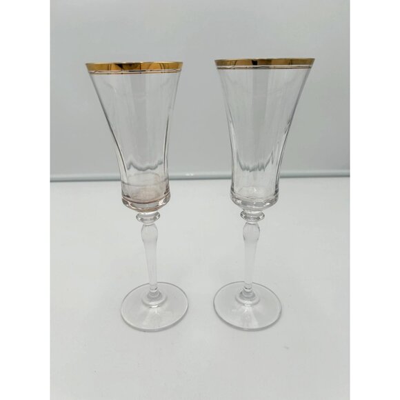 Vintage Gold Rim Crystal Champagne Flutes Set Of 2 Elegant Glasses - Picture 1 of 4